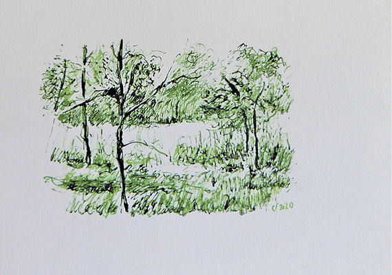 Paysage - encre verte sur papier - 20 cm x 14 cm.